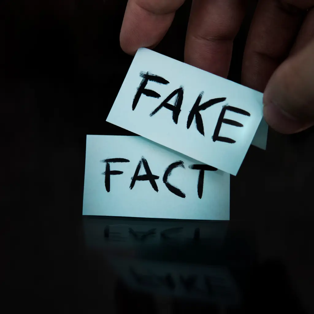 The fact is replaced by a fake. substitution of concepts. a man changes the signs with the words fact on fake on a black background.