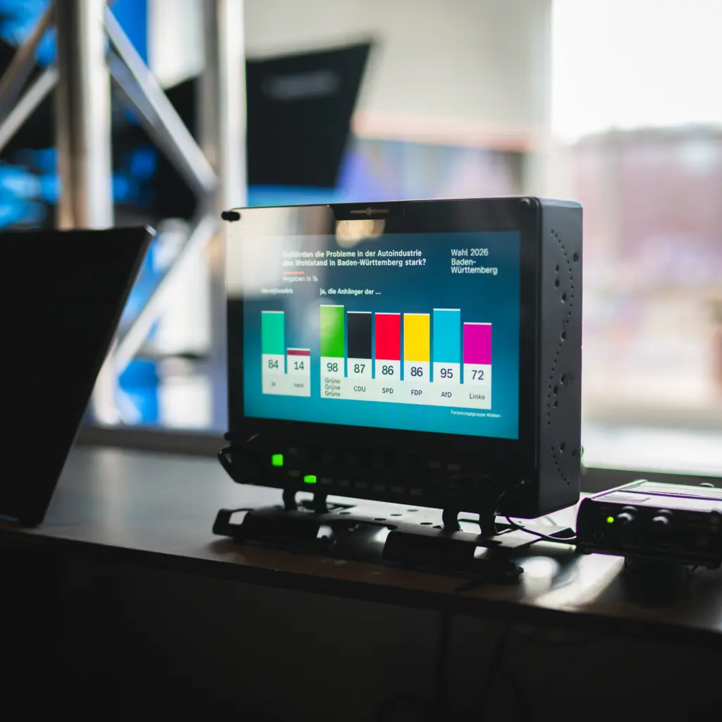 Hochrechnungen aus dem mobilen ZDF-Studio in Stuttgart 