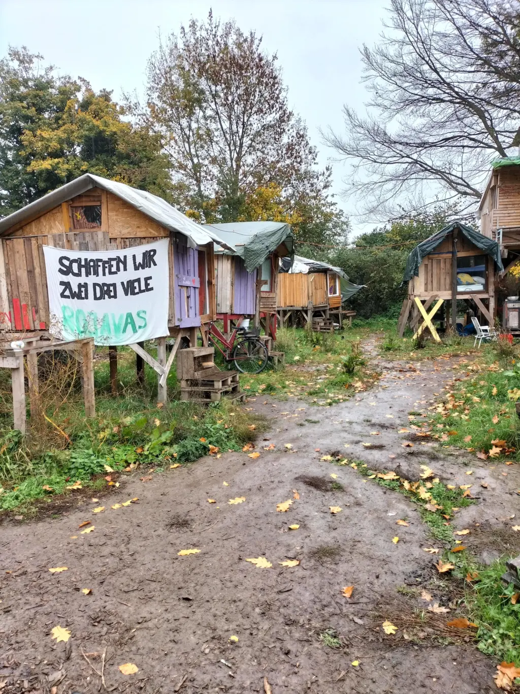 Häuser, die die Aktivist*innen aus Paletten gebaut haben, um dort zu wohnen.