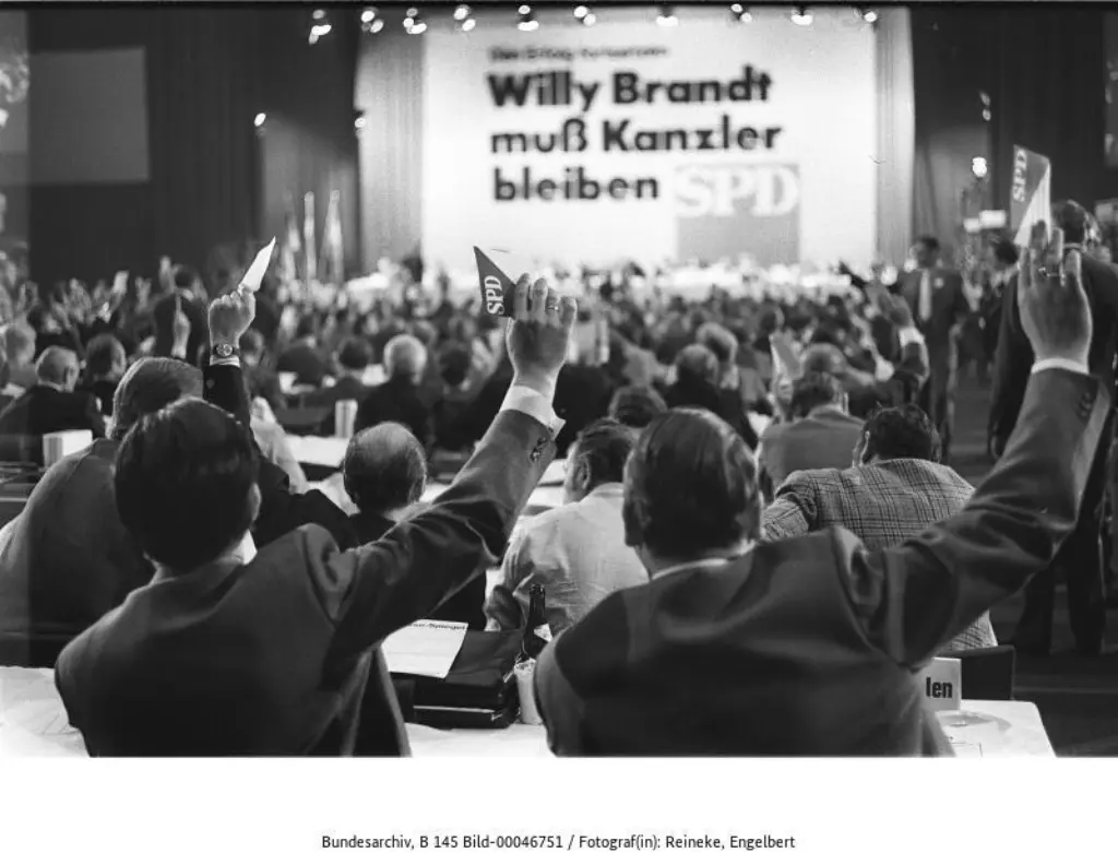 Vor dem Hintergrund der vorgezogenen Neuwahlen bestätigen die Delegierten Willy Brandt auf dem außerordentlichen Parteitag als Kanzlerkandidaten (im Hintergrund der Wahlkampfslogan "Willy Brandt muß Kanzler bleiben"). Neuwahlen sind nach der im Bundestag gescheiterten Vertrauensfrage Brandts notwendig geworden.