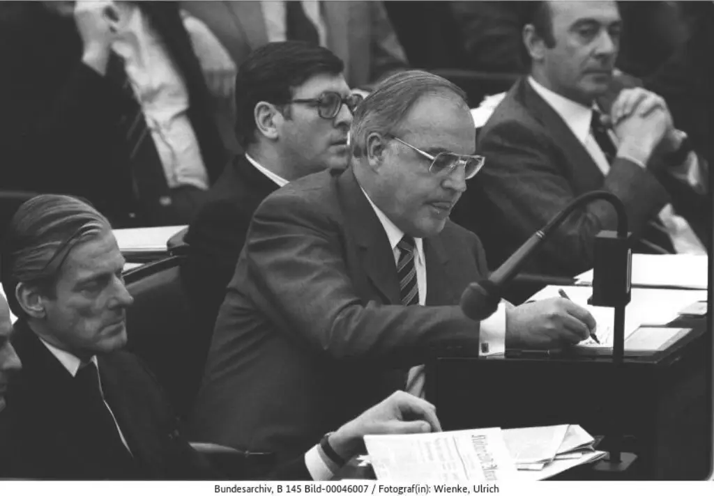 Bundeskanzler Helmut Schmidt stellt im Deutschen Bundestag die Vertrauensfrage, um sich bei seinem künftigen politischen Kurs der Mehrheit des Bundestages sicher sein zu können. Alle Abgeordneten der SPD und FDP sprechen ihm daraufhin ihr Vertrauen aus. Im Bild: Blick in die Abgeordnetenreihen der CDU-Fraktion: V.l.n.r. Walter Leisler Kiep, Helmut Kohl, Philipp Jenninger, Manfred Wörner.